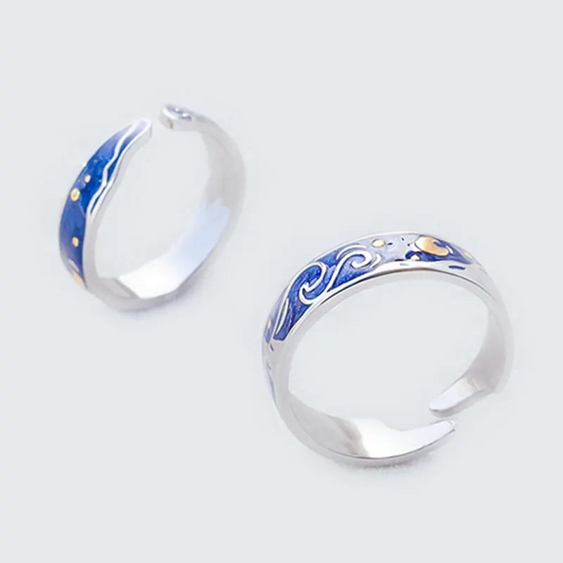 Adjustable Van Gogh Starry Night Couple Rings: Silver with Blue Stars - Valentine's Jewelry