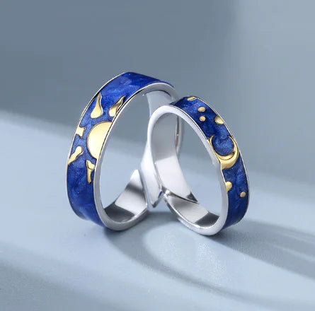 JWER Blue Drop Glaze Sun Moon Couple Rings