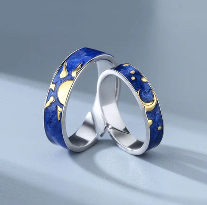 JWER Blue Drop Glaze Sun Moon Couple Rings