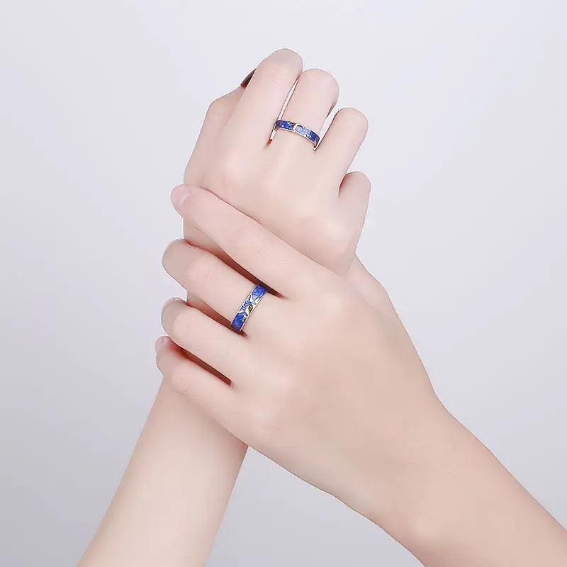 JWER Blue Drop Glaze Sun Moon Couple Rings