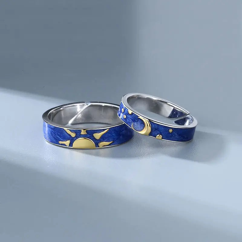 JWER Blue Drop Glaze Sun Moon Couple Rings