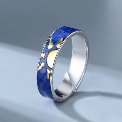 JWER Blue Drop Glaze Sun Moon Couple Rings