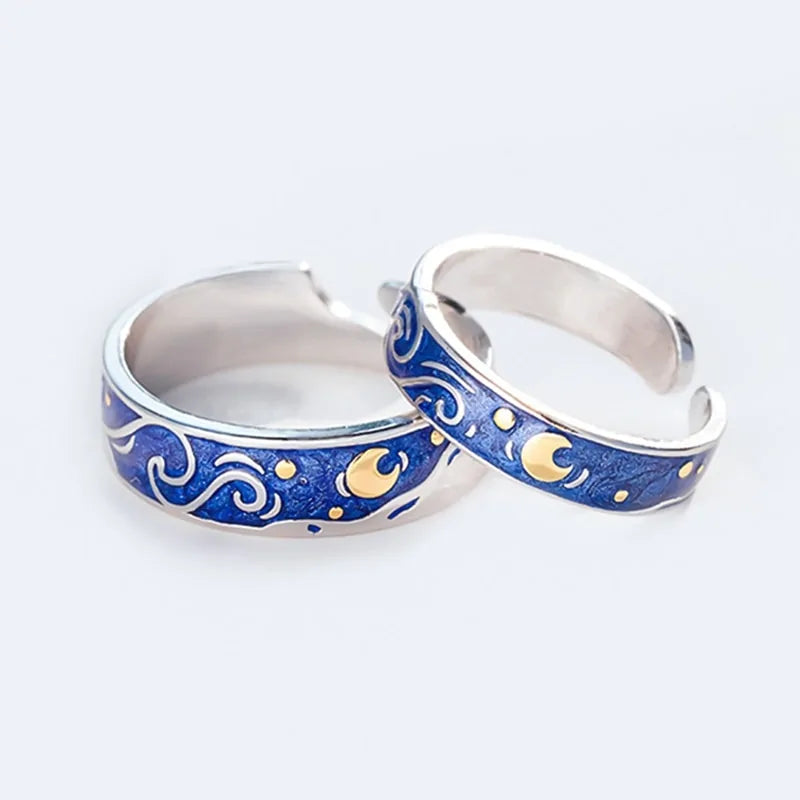 Adjustable Van Gogh Starry Night Couple Rings: Silver with Blue Stars - Valentine's Jewelry