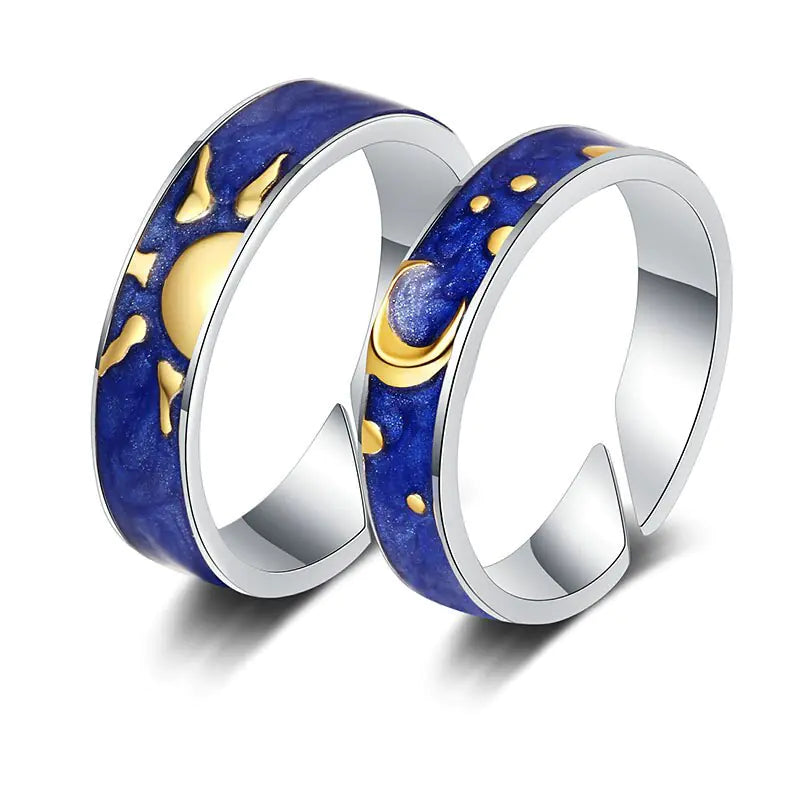 JWER Blue Drop Glaze Sun Moon Couple Rings