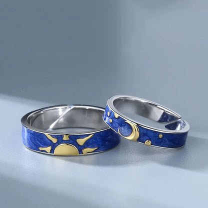 JWER Blue Drop Glaze Sun Moon Couple Rings